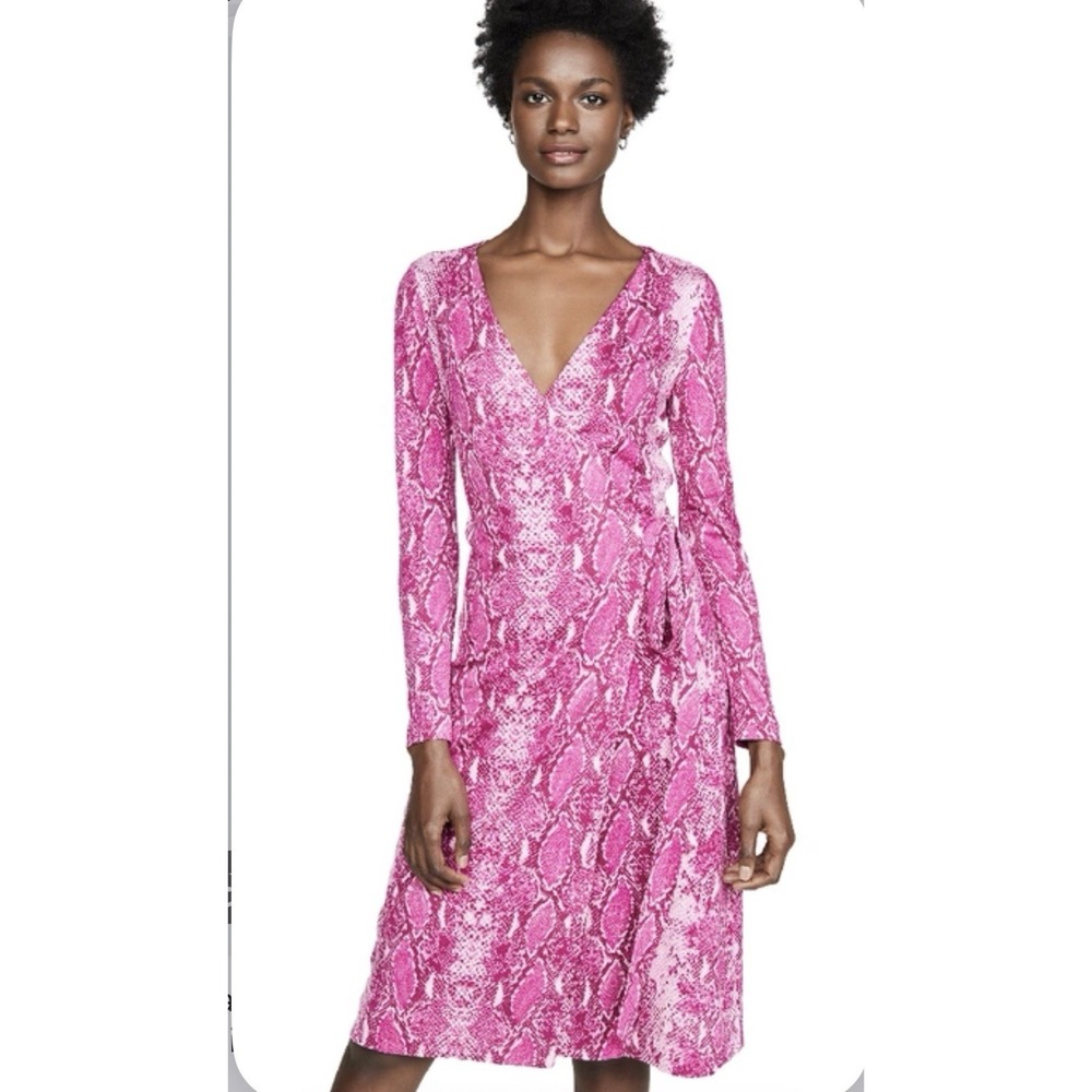 Diane Von Furstenberg Julian Wrap Dress 2 In Python Ribbon Pink Long Sleeve